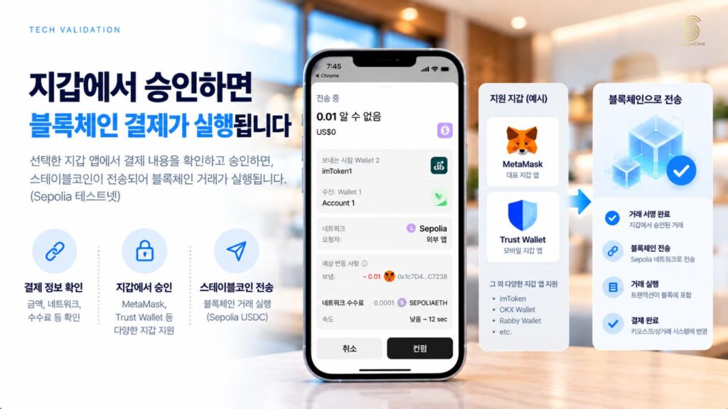 지갑에서 승인하면 블록체인 결제가 실행됩니다